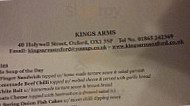 King's Arms menu