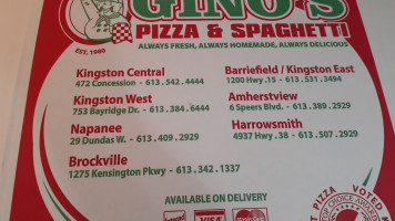 Gino's Pizza Spaghetti menu